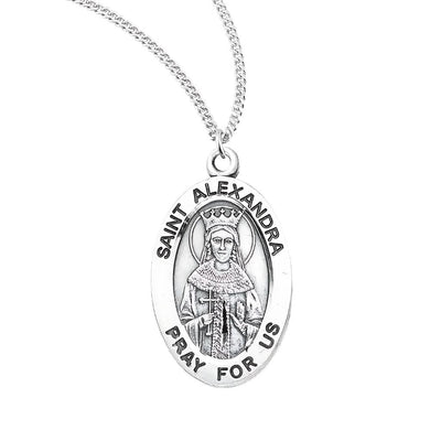St. Alexandra oval sterling silver medal necklace with a cross, HMH Religious