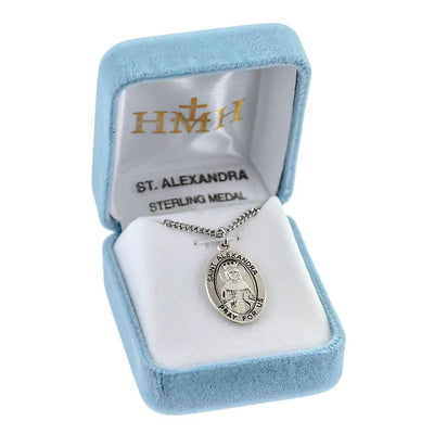 St. Alexandra oval sterling silver medal necklace with a cross with gift box, HMH Religious