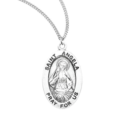 St. Angela oval sterling silver medal necklace with a book, HMH Religious