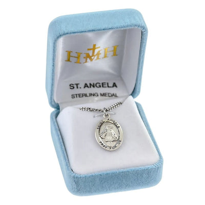 St. Angela oval sterling silver medal necklace with a book in gift box, HMH Religious