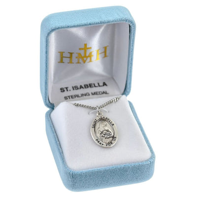 St. Isabella oval sterling silver medal with a basket of food and coins in gift box, HMH Religious