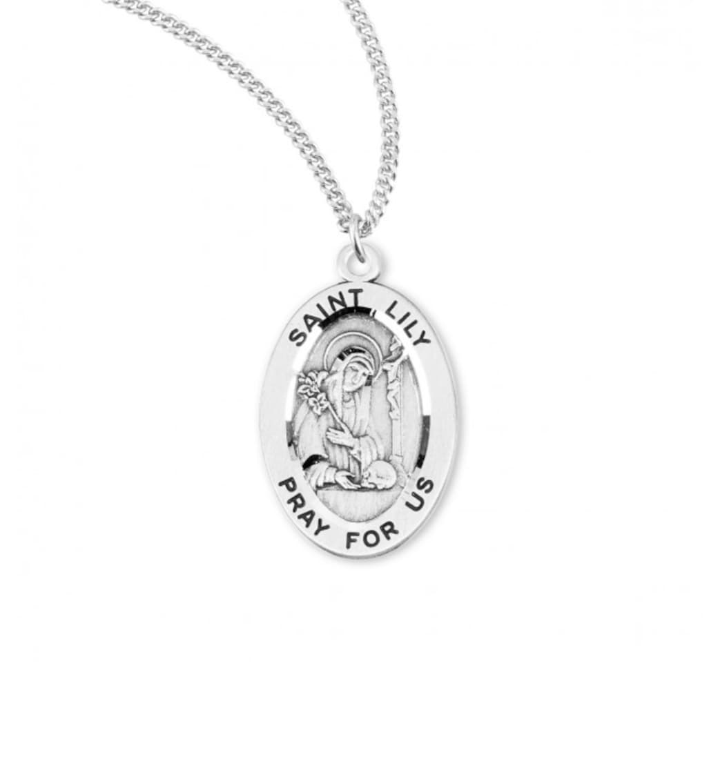 HMH Religious St Lily Oval Sterling Silver Medal Necklace,