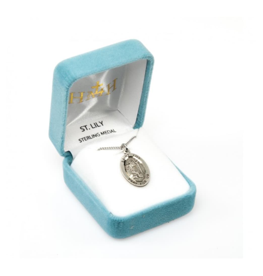 HMH Religious St Lily Oval Sterling Silver Medal Necklace,Gift Boxed,