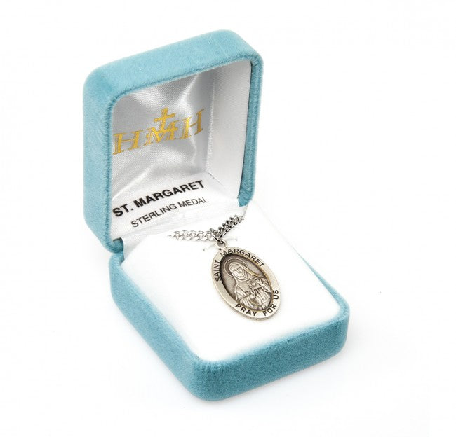 St Margaret Mary Alacoque Oval Sterling Silver Medal Necklace in Box,