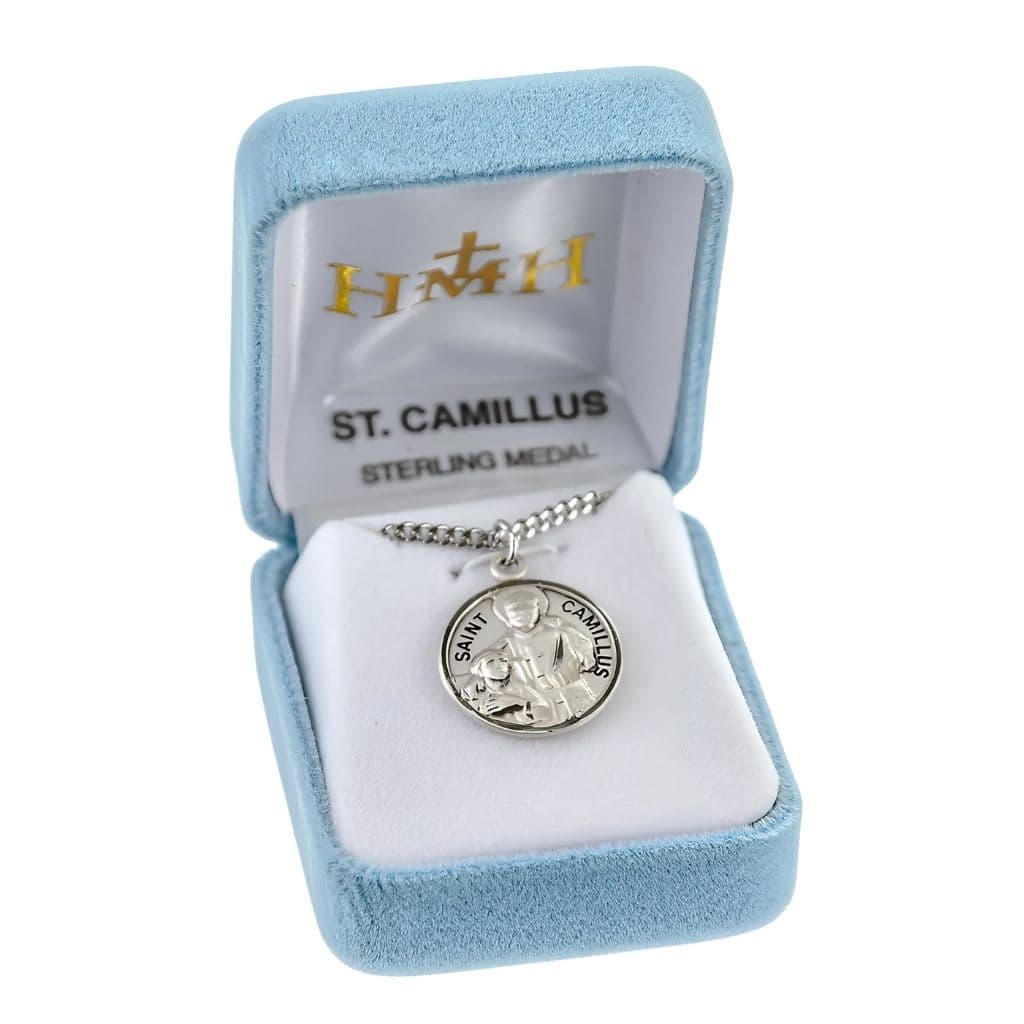 St. Camillus Round Sterling Silver Medal Necklace in Gift Box,