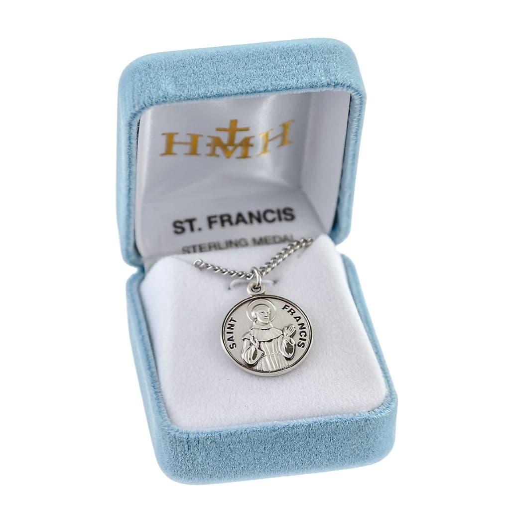 St. Francis of Assisi Round Sterling Silver Medal with Chain in Gift Box,