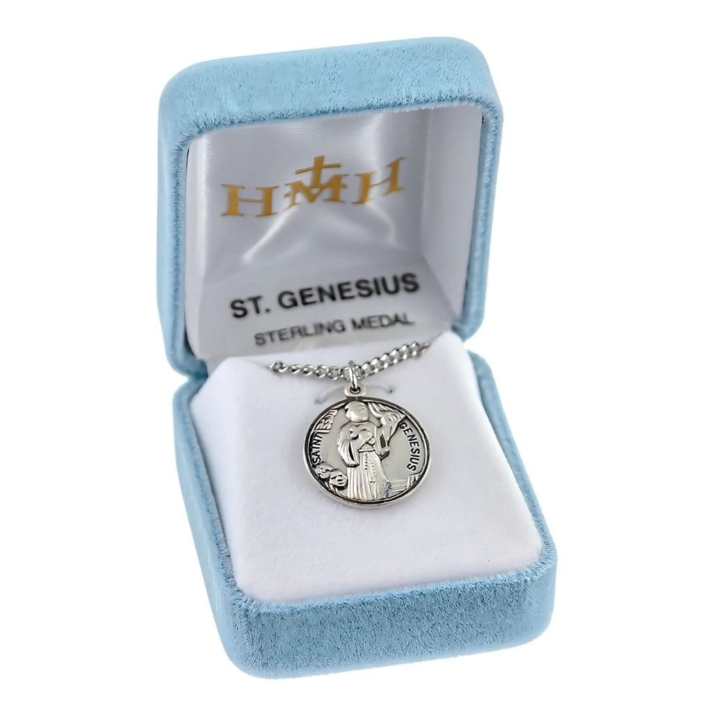 St. Genesius of Rome Sterling Silver Medal Necklace in Gift Box,