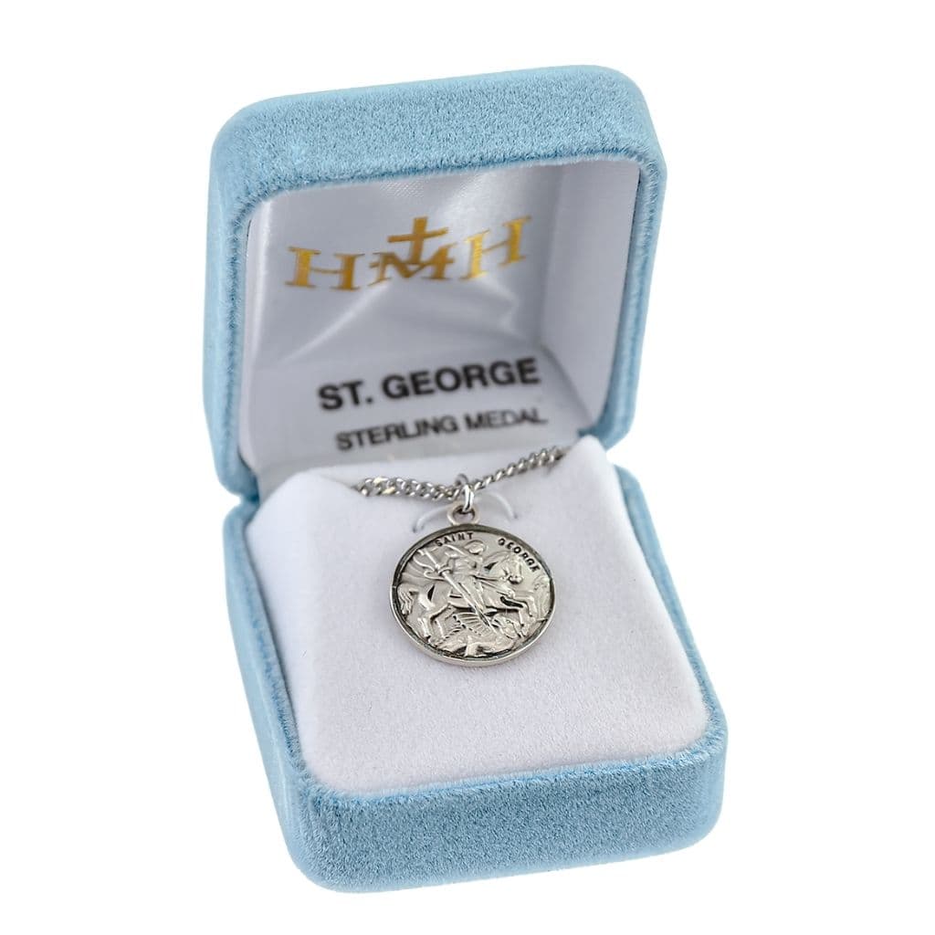 St. George Round Sterling Silver Medal with Chain in Gift Box,