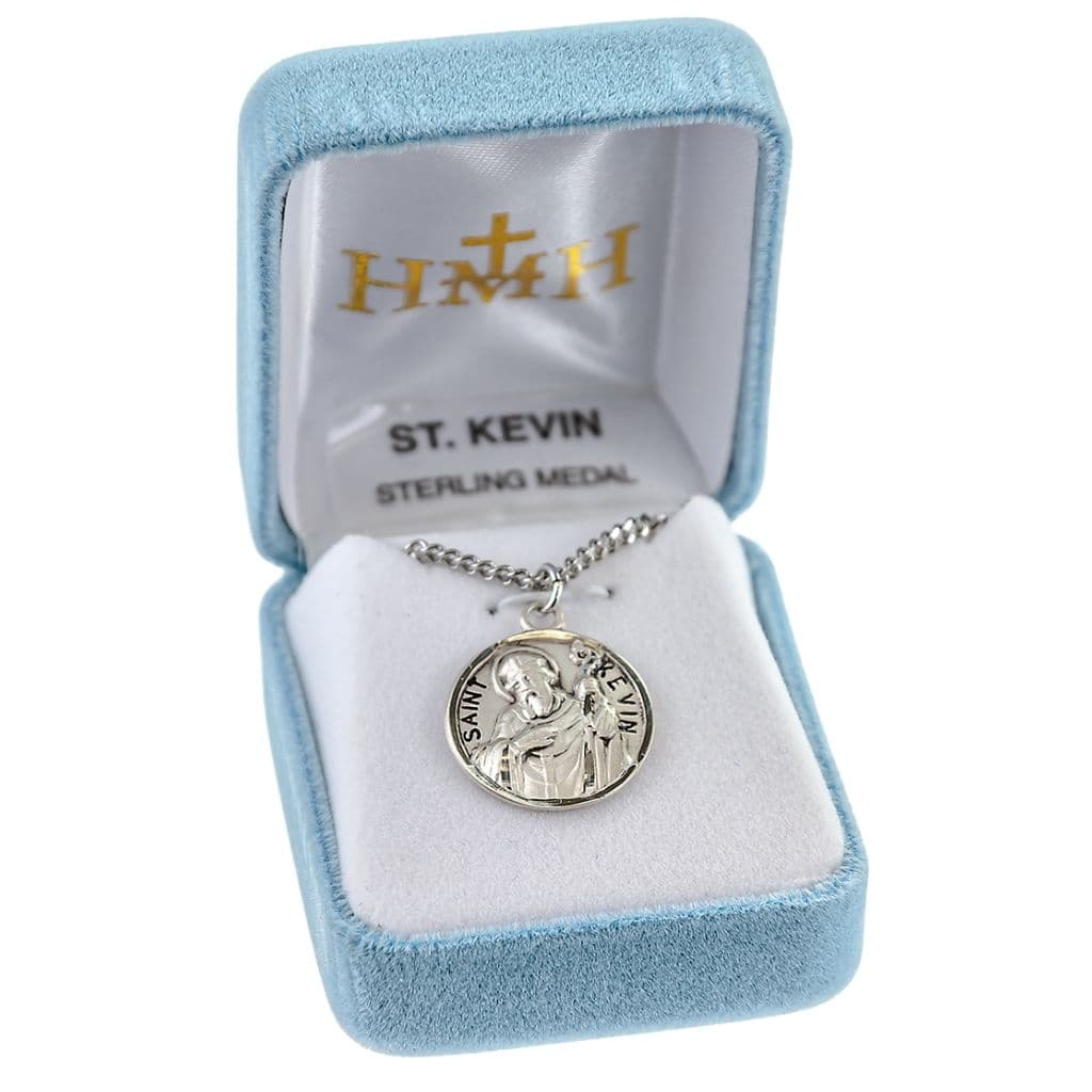 St. Kevin Round Sterling Silver Medal Necklace in Gift Box,