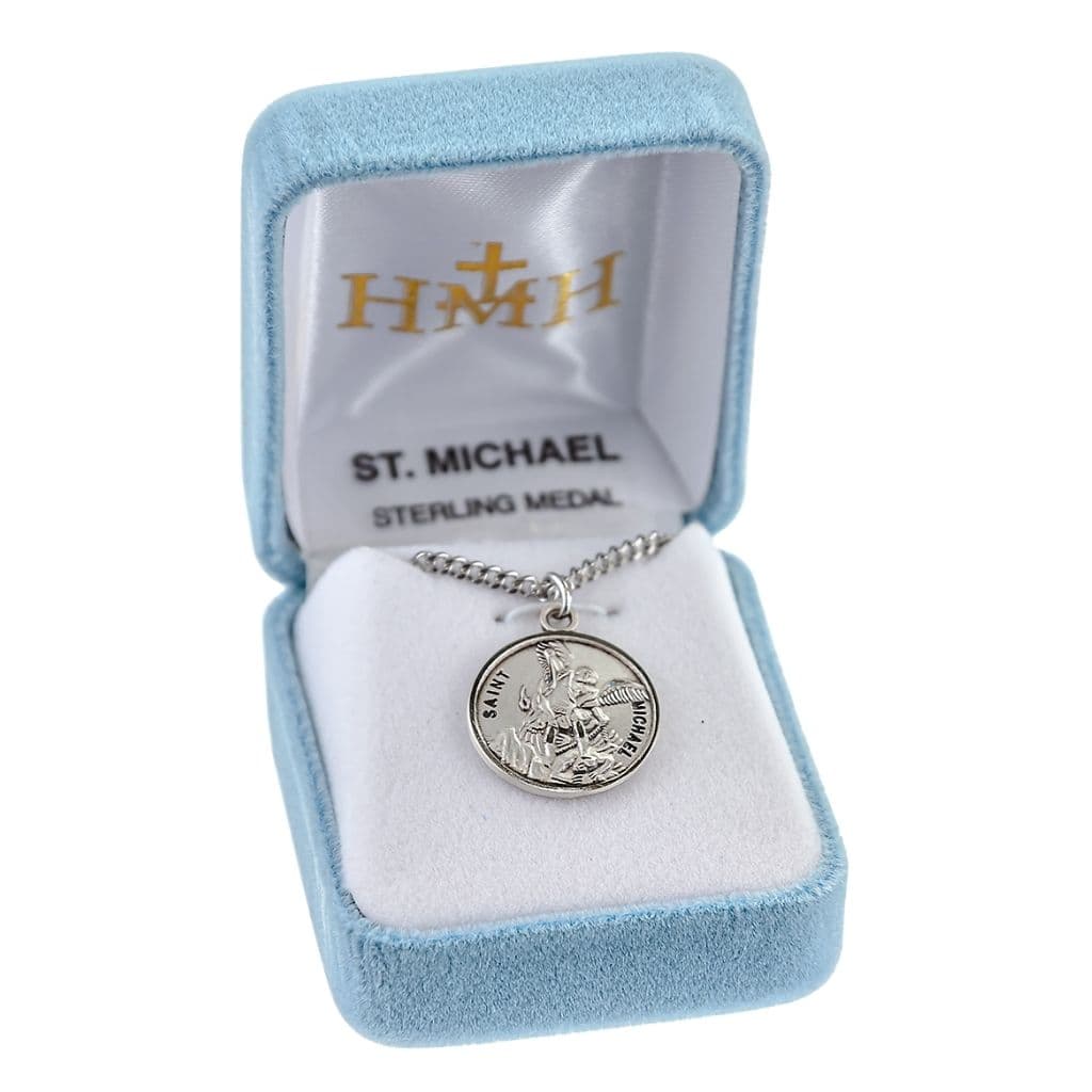St. Michael Round Sterling Silver Medal Necklace in Gift Box,