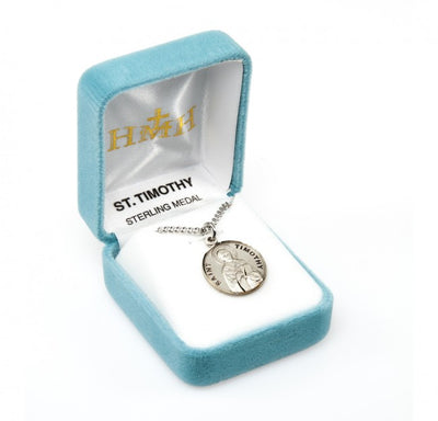St. Timothy holding a book with sterling silver round medal with 20" 316 surgical stainless steel curb chain in gift box, HMH Religious