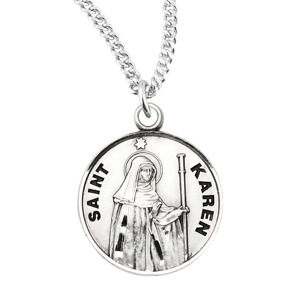 St. Karen sterling silver medal with 18" chain by HMH Religious,