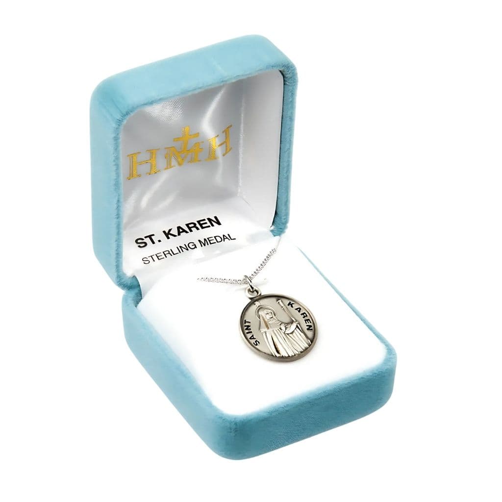St. Karen sterling silver medal with 18" Chain by HMH Religious in gift box,