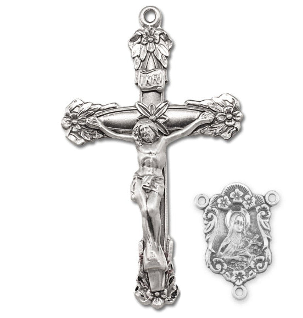 Sterling Silver Rosary Flowered Crucifix and St Therese Centerpiece Set