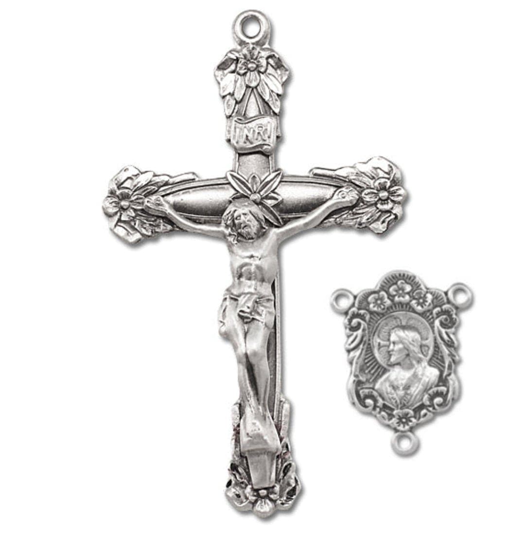 Sterling Silver Rosary Floral designed Crucifix and Sacred Heart Scapular Centerpiece Set