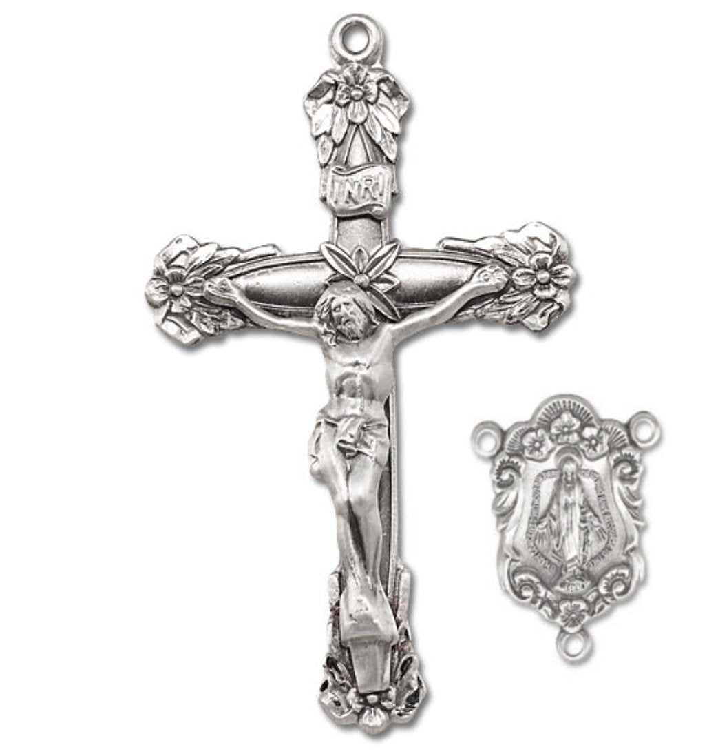 Sterling Silver Rosary Floral designed Crucifix and Miraculous Medal Centerpiece Set