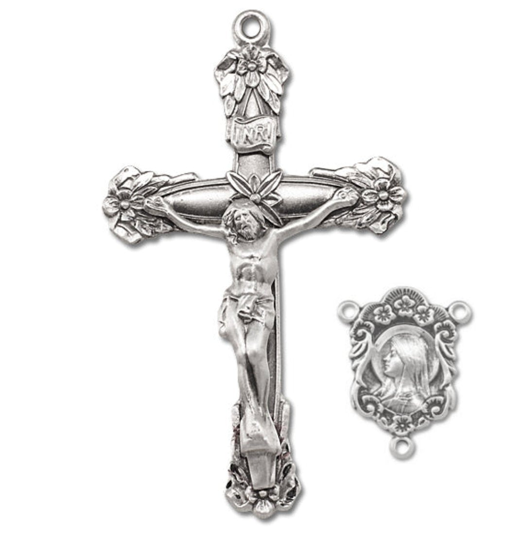 Sterling Silver Rosary Floral designed Crucifix and Madonna Centerpiece Set