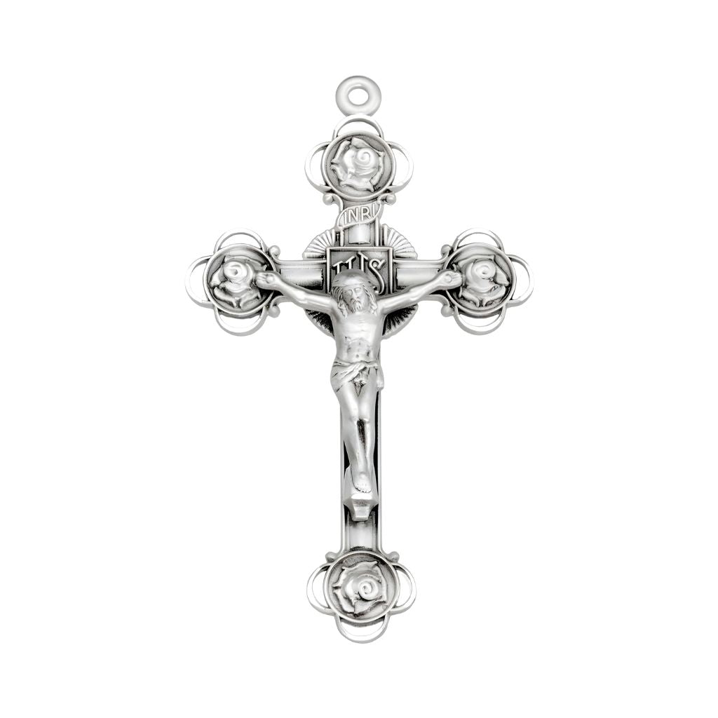 HMH Religious Rosebud Design Sterling Silver Crucifix Rosary Part, Measures 2.1" x 1.2"