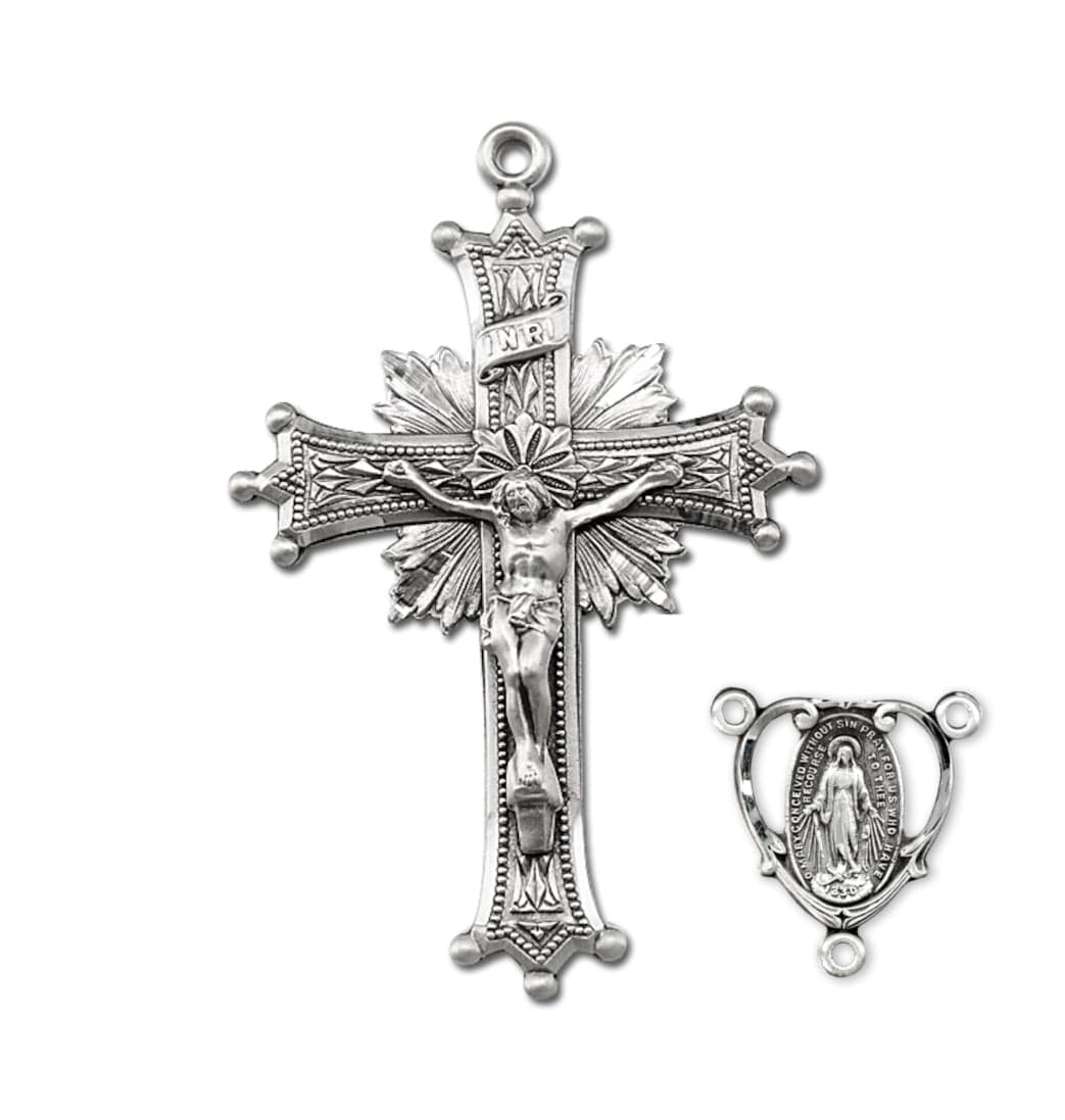 HMH Religious Sun Burst Sterling Silver Crucifix and Heart Center Rosary Making Set,