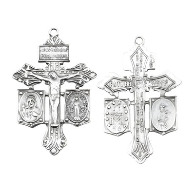 Front and Back of Sterling Silver Pardon Crucifix-Combination Medal, Miraculous and Jesus Scapular Design Crucifix, Dimensions: 1.4" x 0.9" (35mm x 23mm), HMH Religious
