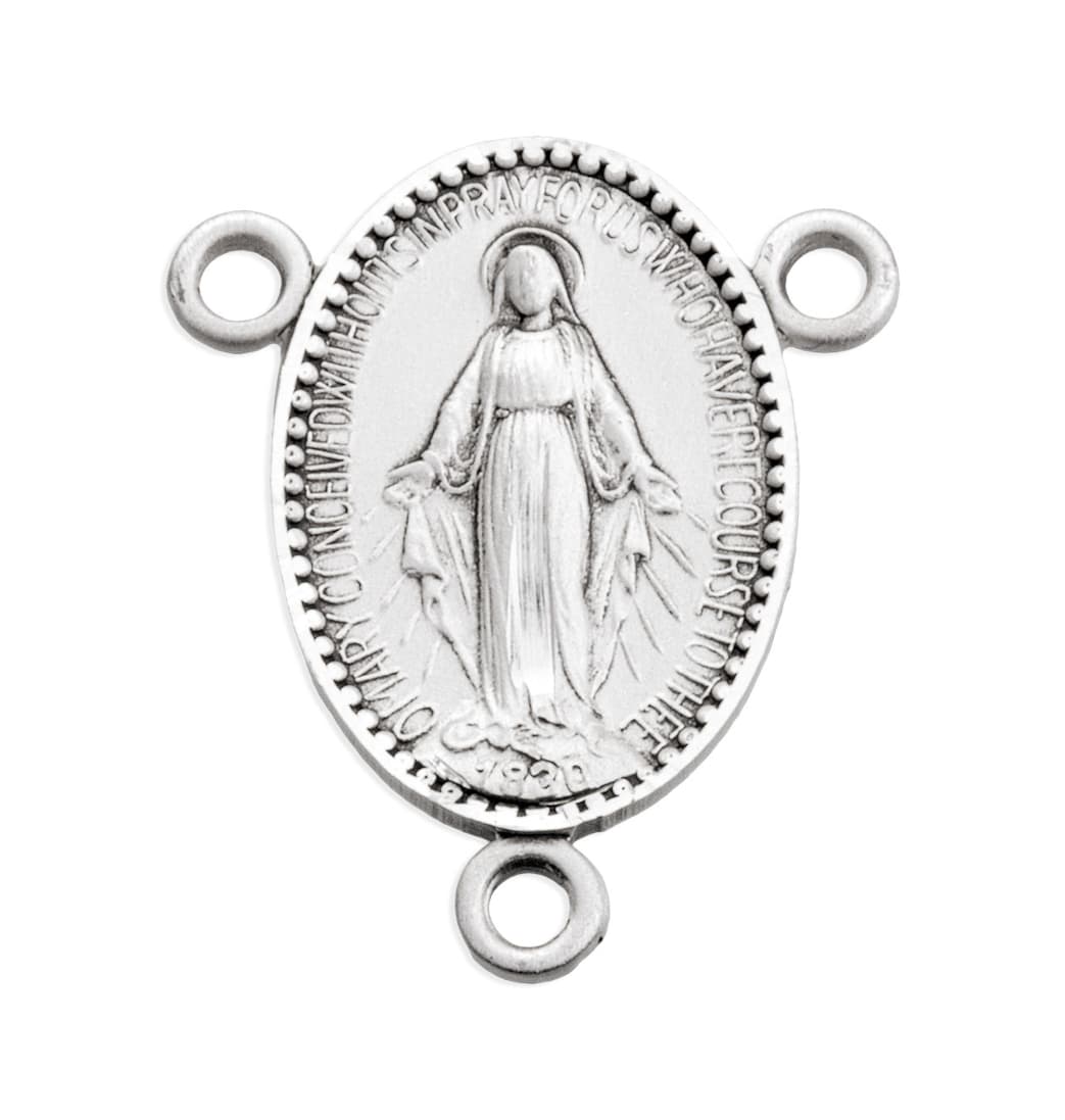 Oval Beaded Edge Miraculous Medal Sterling Silver Rosary Center Part