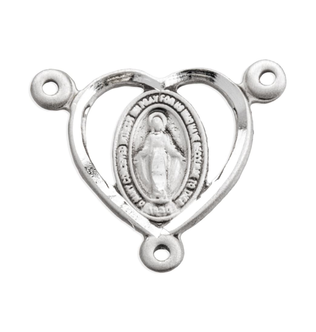 Small Heart Shaped Miraculous Medal Sterling Silver Rosary Center Part