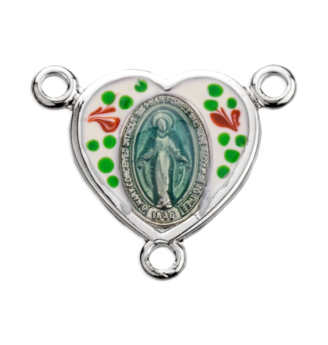 Small Enameled Heart Miraculous Sterling Rosary Center Part