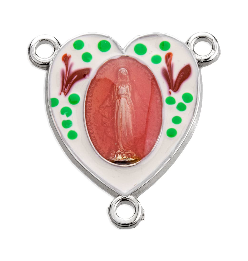 Pink Enameled Heart Miraculous Sterling Rosary Center Part