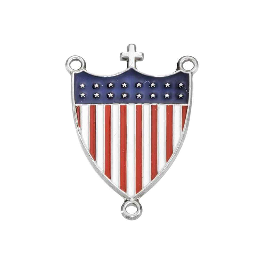 HMH Religious Red, White, and Blue Epoxy American Shield with Cross Protector Sterling Silver Rosary Centerpiece
