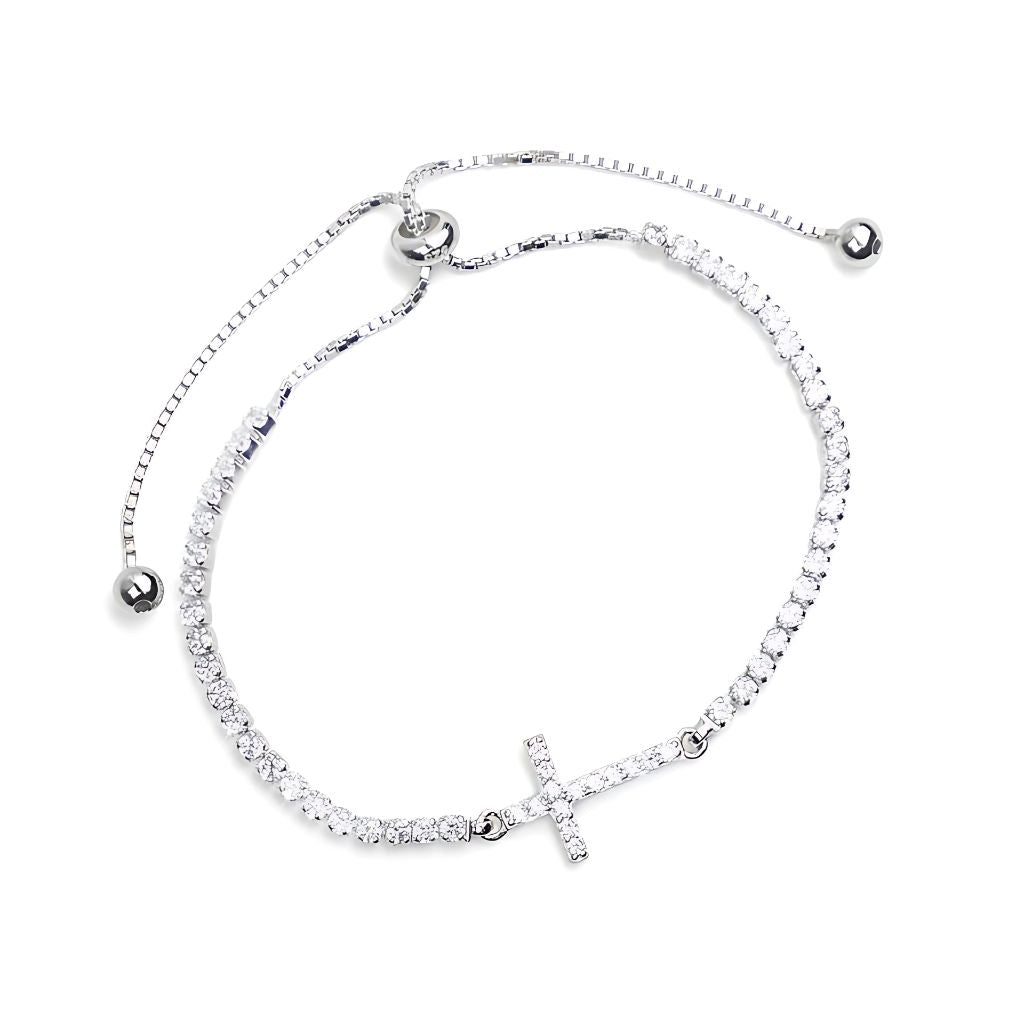Sterling Silver Cubic Zirconia Cross Adjustable Bolo Bracelet by Singer