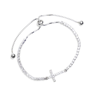 Sterling Silver Cubic Zirconia Cross Adjustable Bolo Bracelet, Singer Company