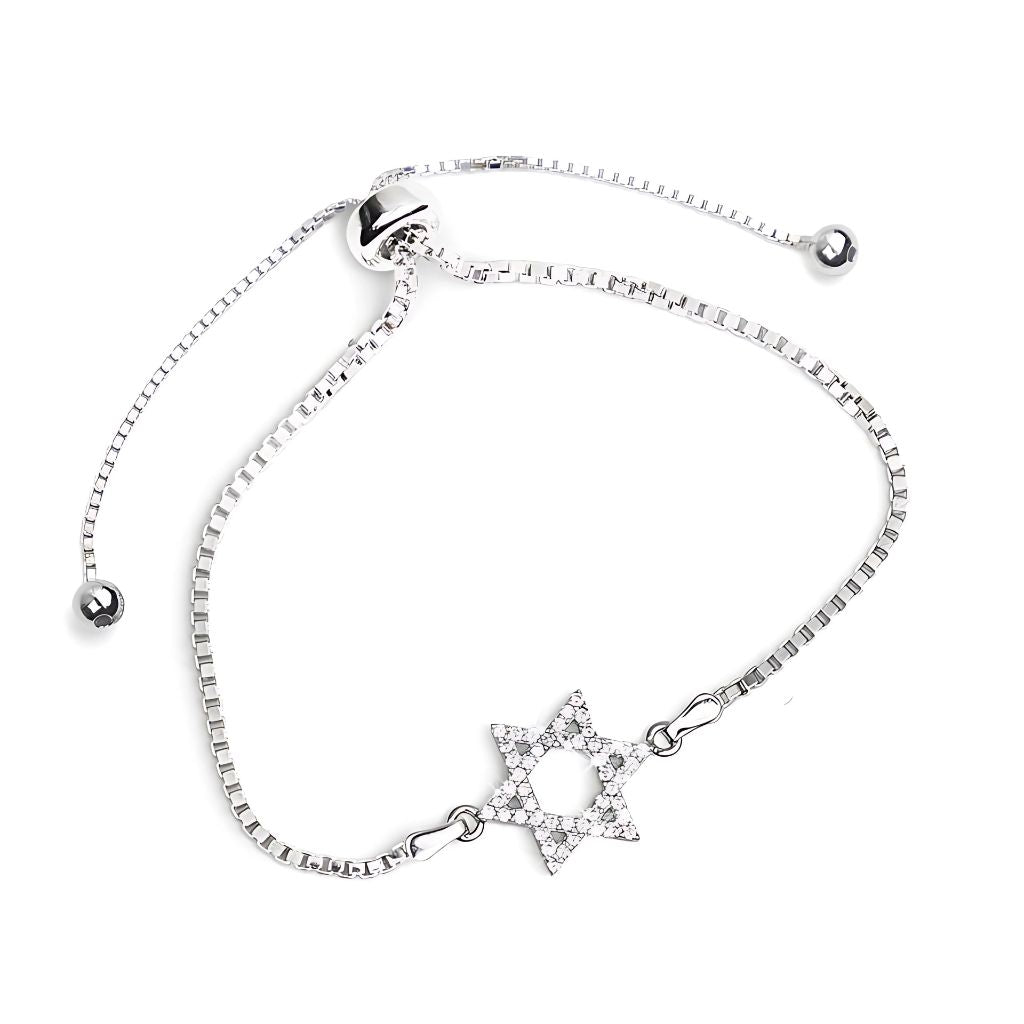 Sterling silver Star of David bracelet adorned with sparkling cubic zirconia stones,