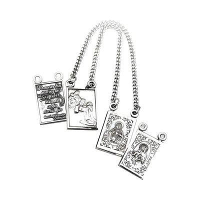 Scapular 2 piece set Sterling Silver Sacred Heart of Jesus and Our Lady of Mount Carmel with the Scapular Promise and St. Simon, HMH Religious