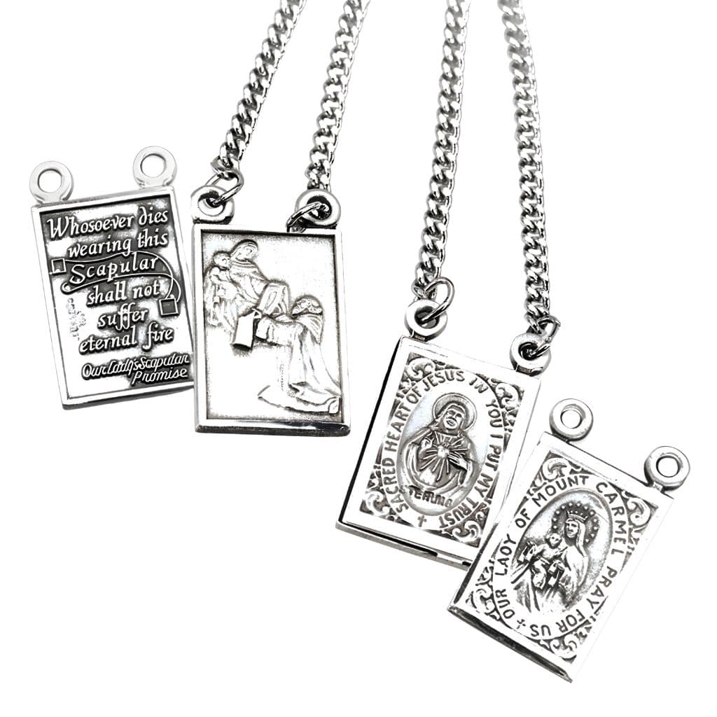 Closer look at the HMH Religious Scapular 2 piece set Sterling Silver Sacred Heart of Jesus and Our Lady of Mount Carmel  with the Scapular Promise and St. Simon.