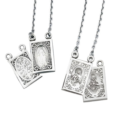 Front and Back of the Scapular 2 piece set Sterling Silver Sacred Heart of Jesus and Our Lady of Mount Carmel with the Miraculous Medal, HMH Religious