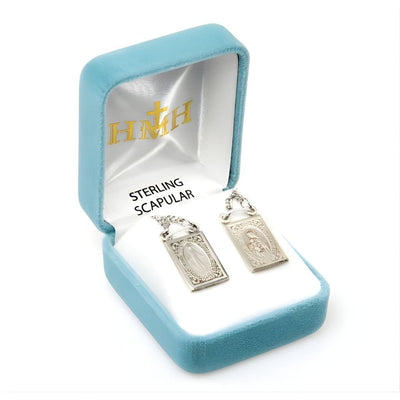 Scapular 2 piece set Sterling Silver Sacred Heart of Jesus and Our Lady of Mount Carmel with the Miraculous Medal with Chain and Gift Box, HMH Religious