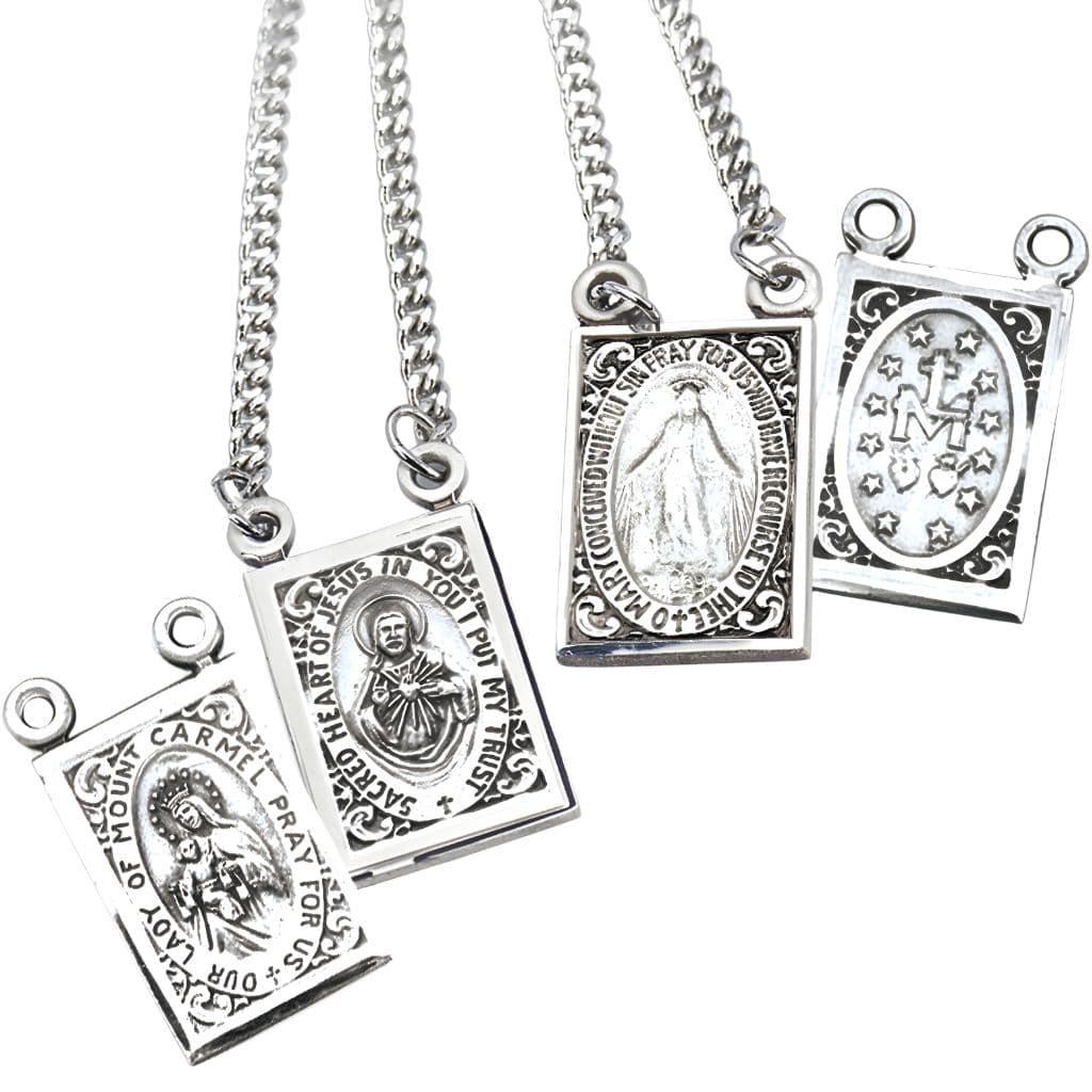 HMH Religious Scapular 2 piece set Sterling Silver Sacred Heart of Jesus and Our Lady of Mount Carmel with the Miraculous Medal.