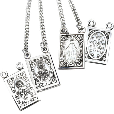 Scapular 2 piece set Sterling Silver Sacred Heart of Jesus and Our Lady of Mount Carmel with the Miraculous Medal, HMH Religious
