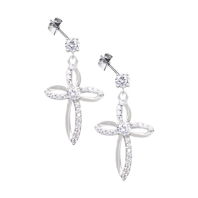 Sterling Silver Flared Cross Earrings with Cubic Zirconia Stones in Deluxe Velour Gift Box, Singer Company