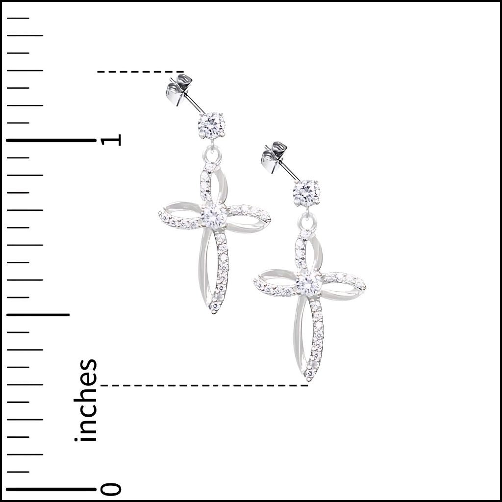 Sterling Silver Flared Cross Earrings with Cubic Zirconia Stones with size chart