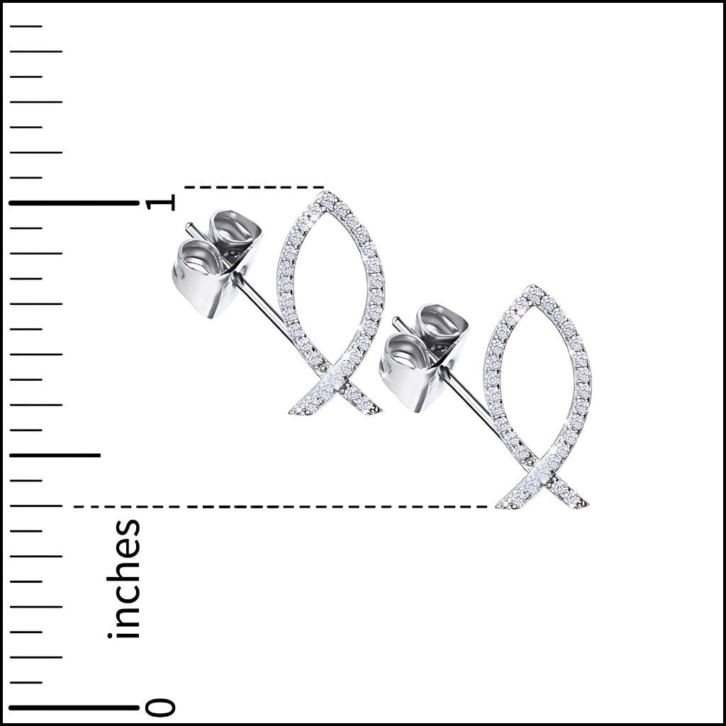 Sterling Silver Fish Earrings with Cubic Zirconia Stones with a Measuring Chart