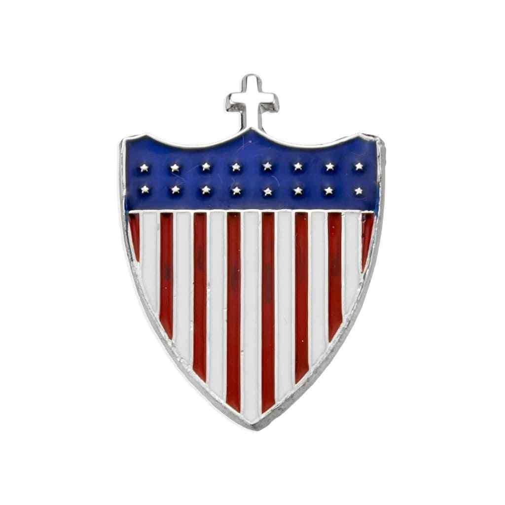 American Shield with Cross Protector Lapel Pin with a Red, white and blue epoxy design