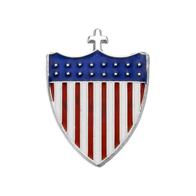 American Shield with Cross Protector Lapel Pin with a Red, white and blue epoxy design