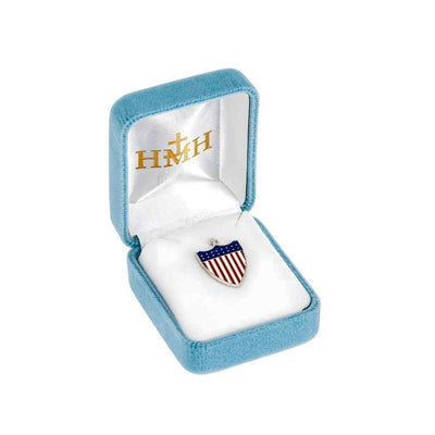 American Shield with Cross Protector Lapel Pin with a Red, white and blue epoxy design in gift box
