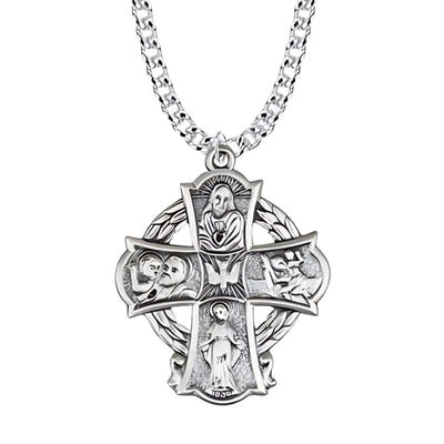Four Way sterling silver medal necklace with Sacred Heart and Miraculous Medal symbols, Singer Company