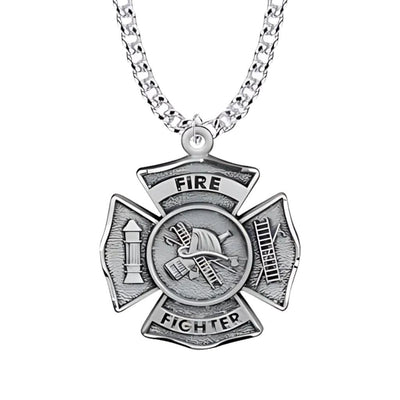 Sterling silver St. Florian firefighter shield medal necklace with helmet and ladder, Singer Company