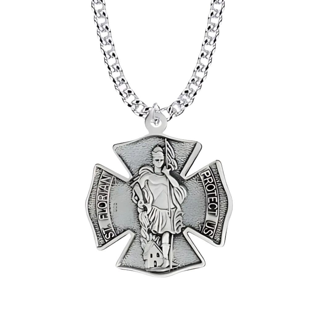 Sterling silver St. Florian firefighter shield medal necklace,