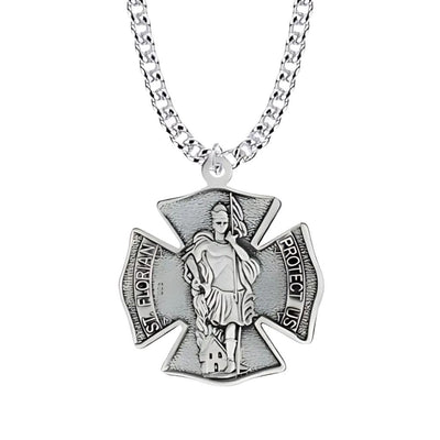 Sterling silver St. Florian firefighter shield medal necklace, Singer Company