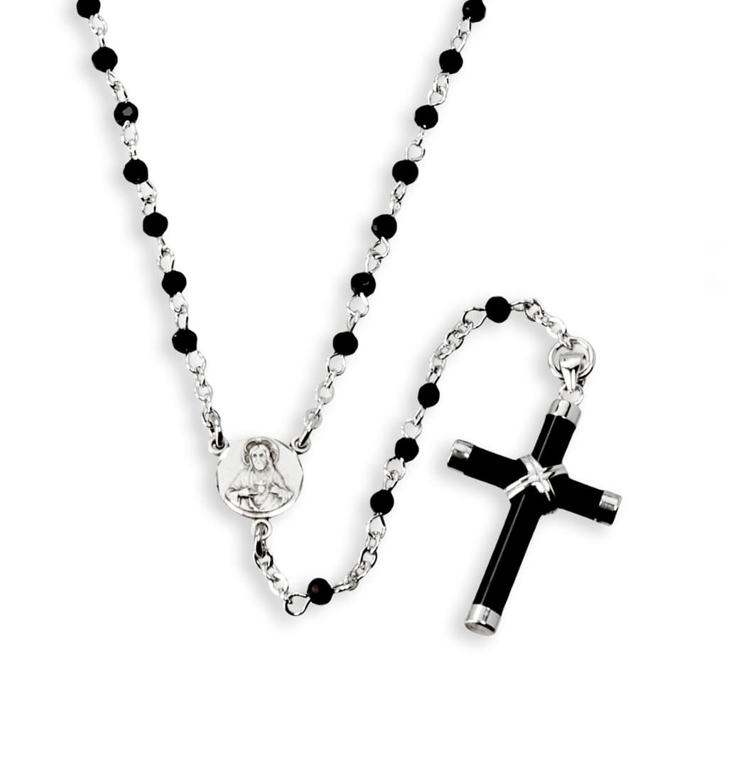 HMH Religious Black / Clear Crystal Bead Sterling Silver Rosary Necklace ,