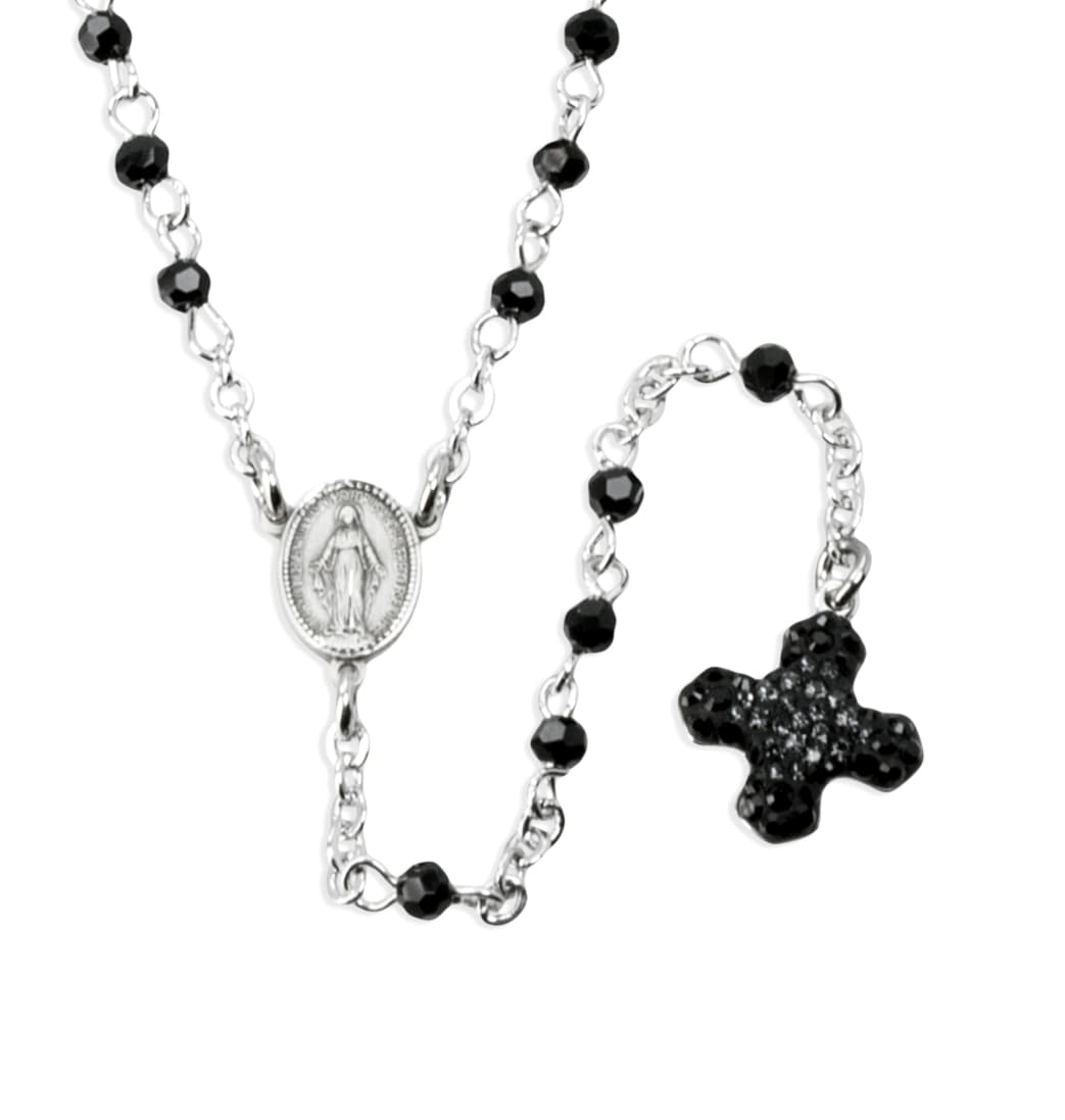 HMH Religious Austrian Crystal Cross Sterling Silver Rosary Necklace,